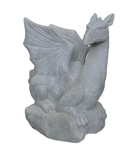 Product image of the product “Sitting dragon on stone, looking to the right. The height is about 65 cm. Riverstone, natural stone. ”
